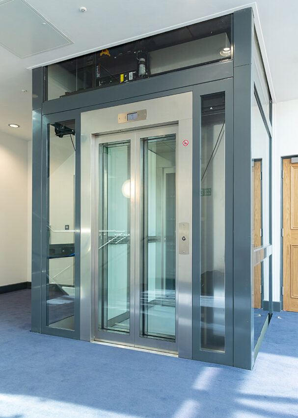Glass Lift Installation Nottingham Trent University, University Hall, glass lift doors closed