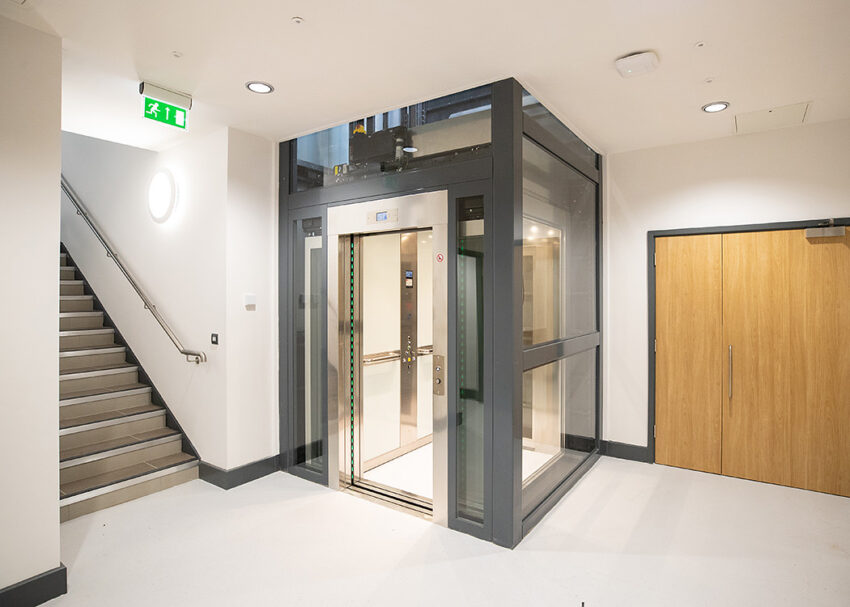 Glass Lift Installation Nottingham Trent University, University Hall, lift entrance lower ground level