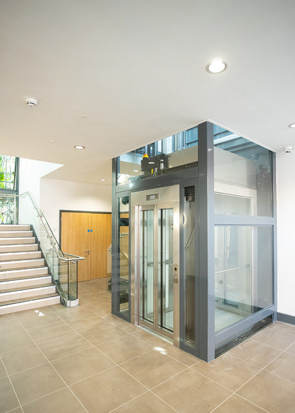 Glass Lift Installation Nottingham Trent University, University Hall, glass lift entrance
