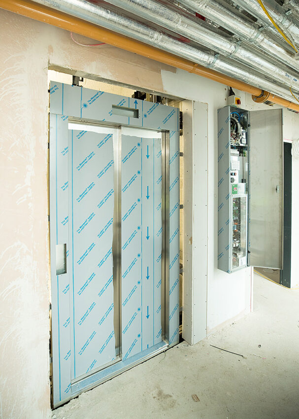 Lift installation university of Nottingham RAD building, lift door protection wrap