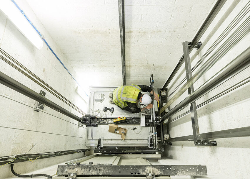 Lift installation university of Nottingham RAD building, lift engineer in lift shaft
