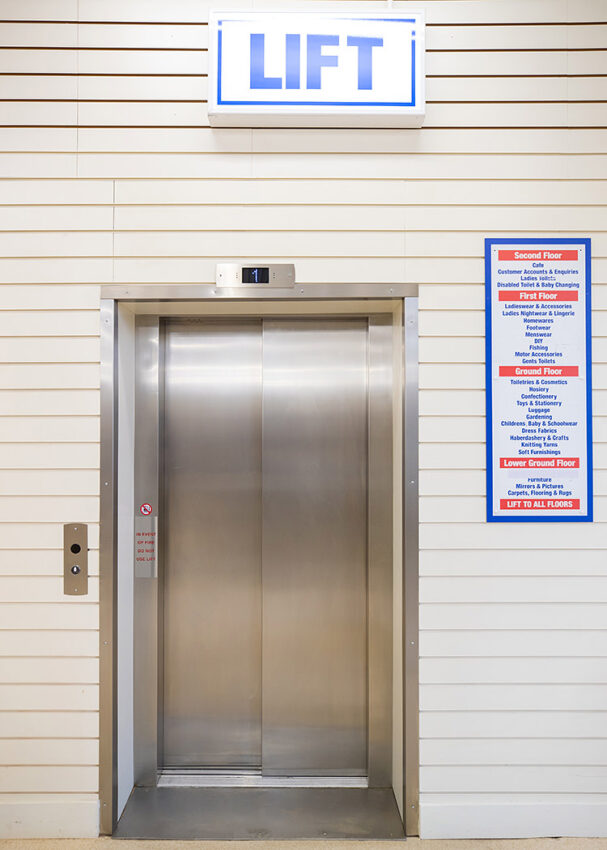 Lift Installation in Scarborough at Boyes department store, lift entrance doors closed