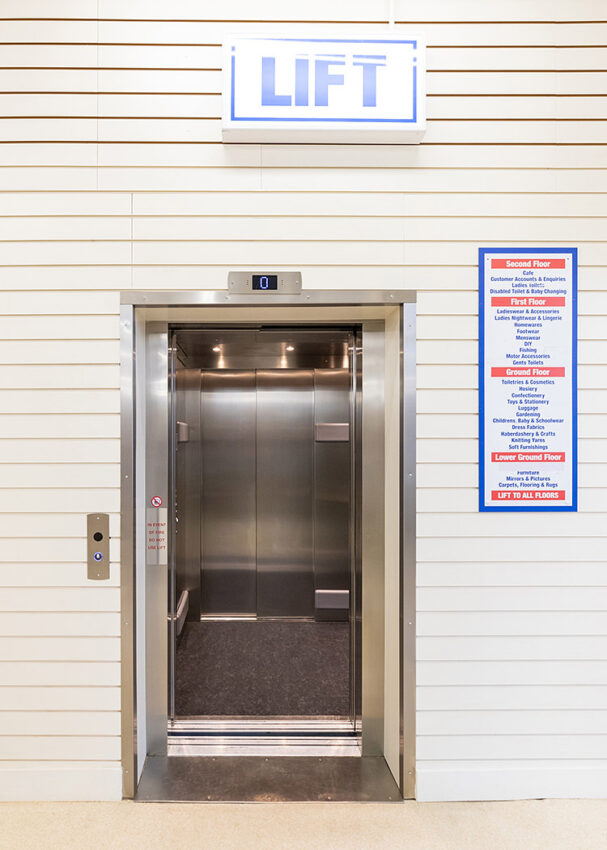Lift Installation in Scarborough at Boyes department store, lift entrance doors open
