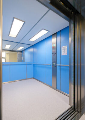 Lift Interior wall panels in hospital enviroment Nottingham City Hospital