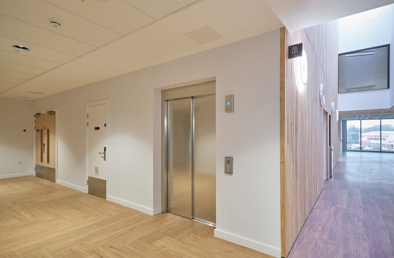 Lift entrance in Health and Welbeing center University of Worcester